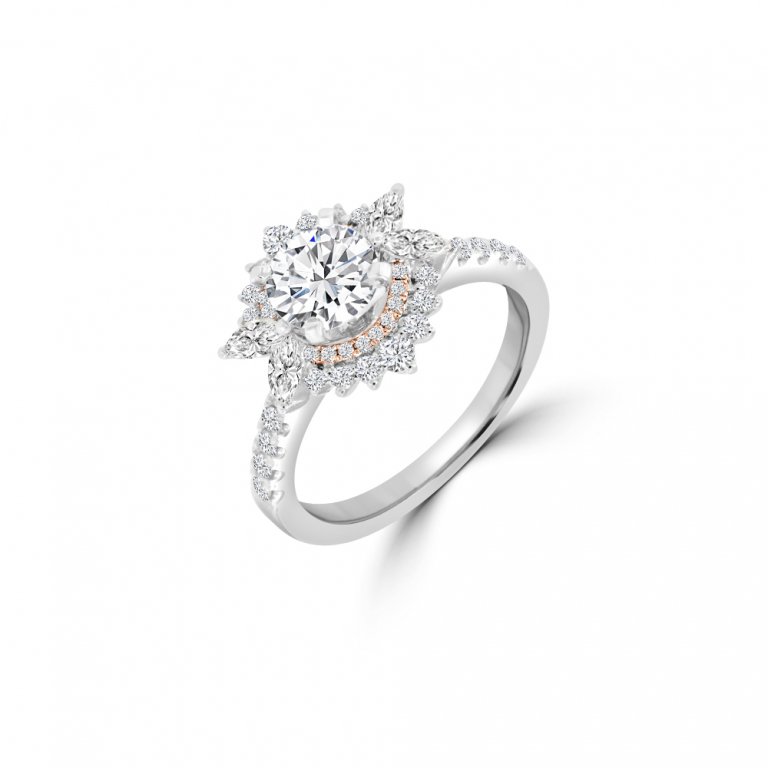 Diamond Sunburst Halo Engagement Ring in 18K White Gold, 18K Rose Gold