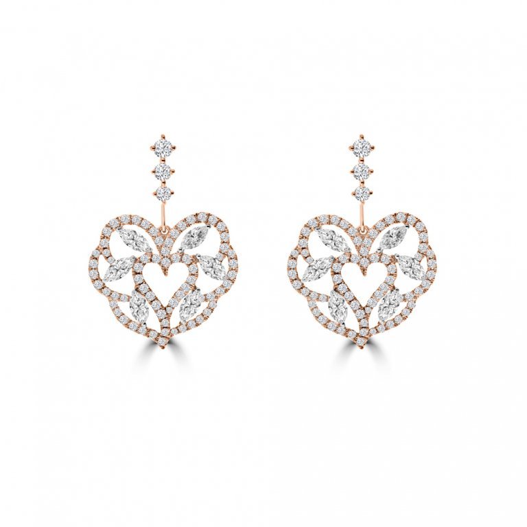 Marquise Diamond Heart Lace Drop Earrings in 18K White Gold, 18K Rose Gold