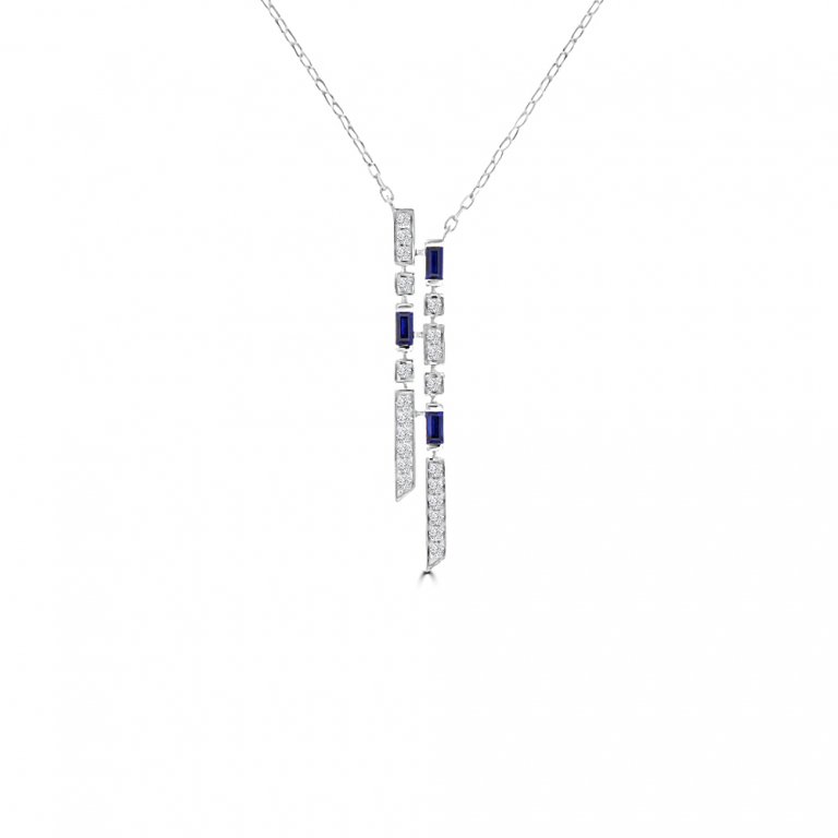 Sapphire Diamond Cascade Pendant with Chain in 18K White Gold
