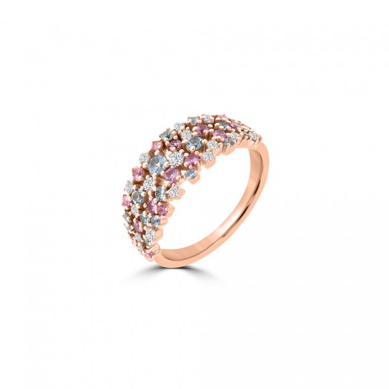 Multi Sapphire Diamond Sprinkle Cluster Ring in 18K Rose Gold
