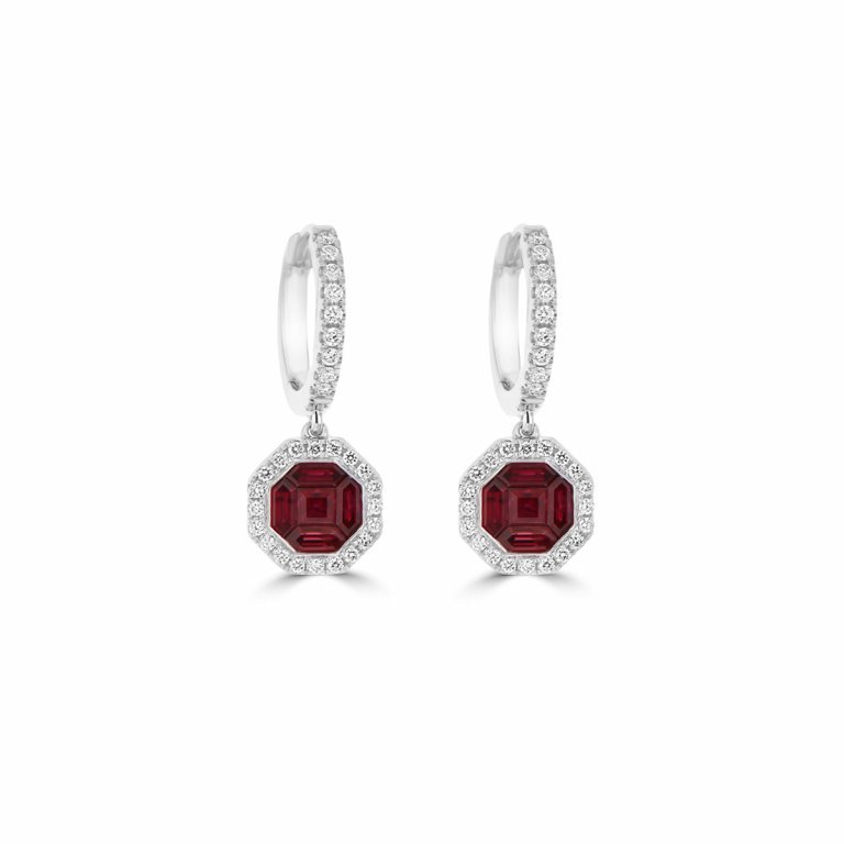 Pizza Cut Ruby Diamond Halo Drop Earrings