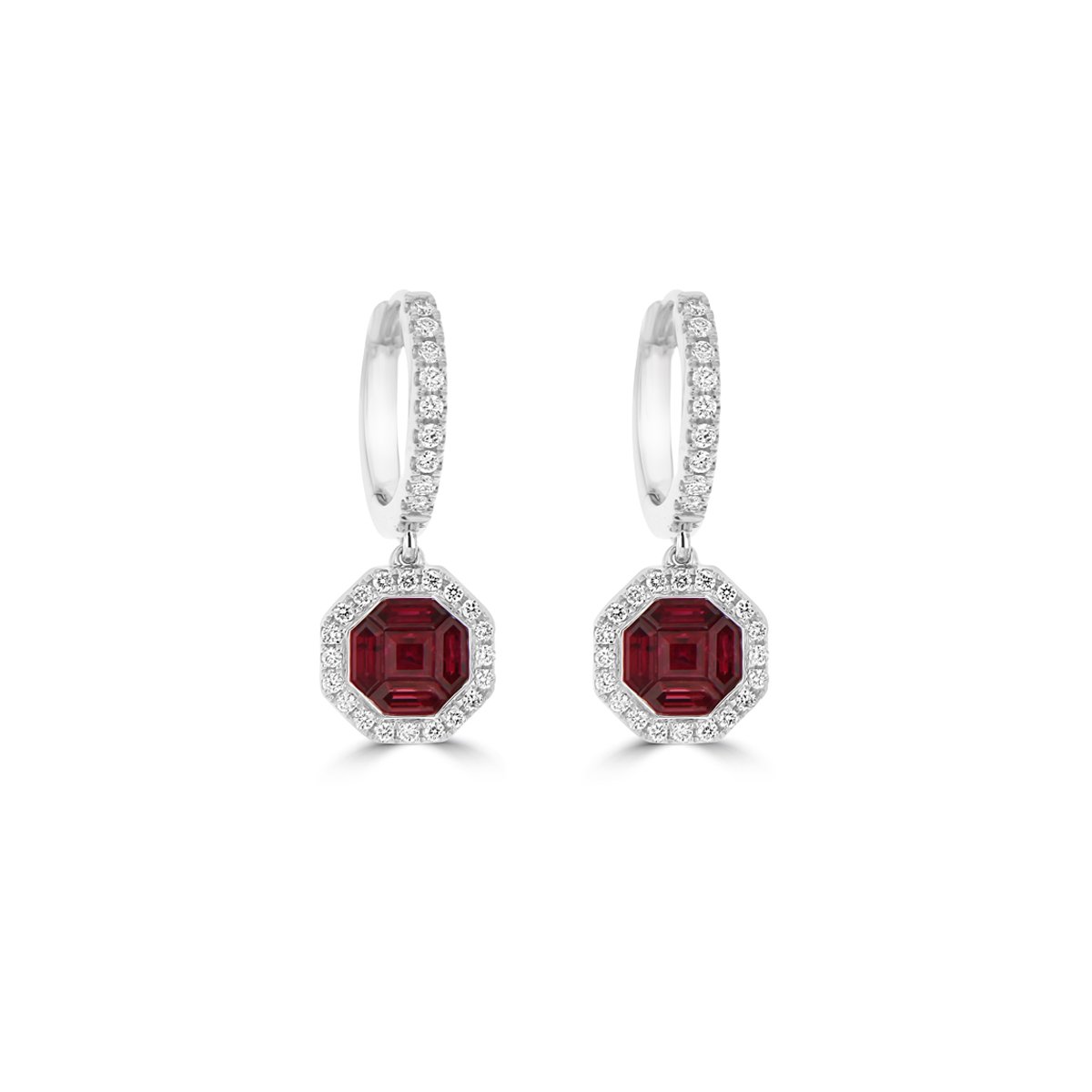 Pizza Cut Ruby Diamond Halo Drop Earrings