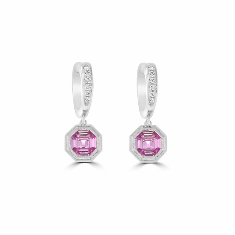 Pizza Cut Pink Sapphire Diamond Halo Drop Earrings