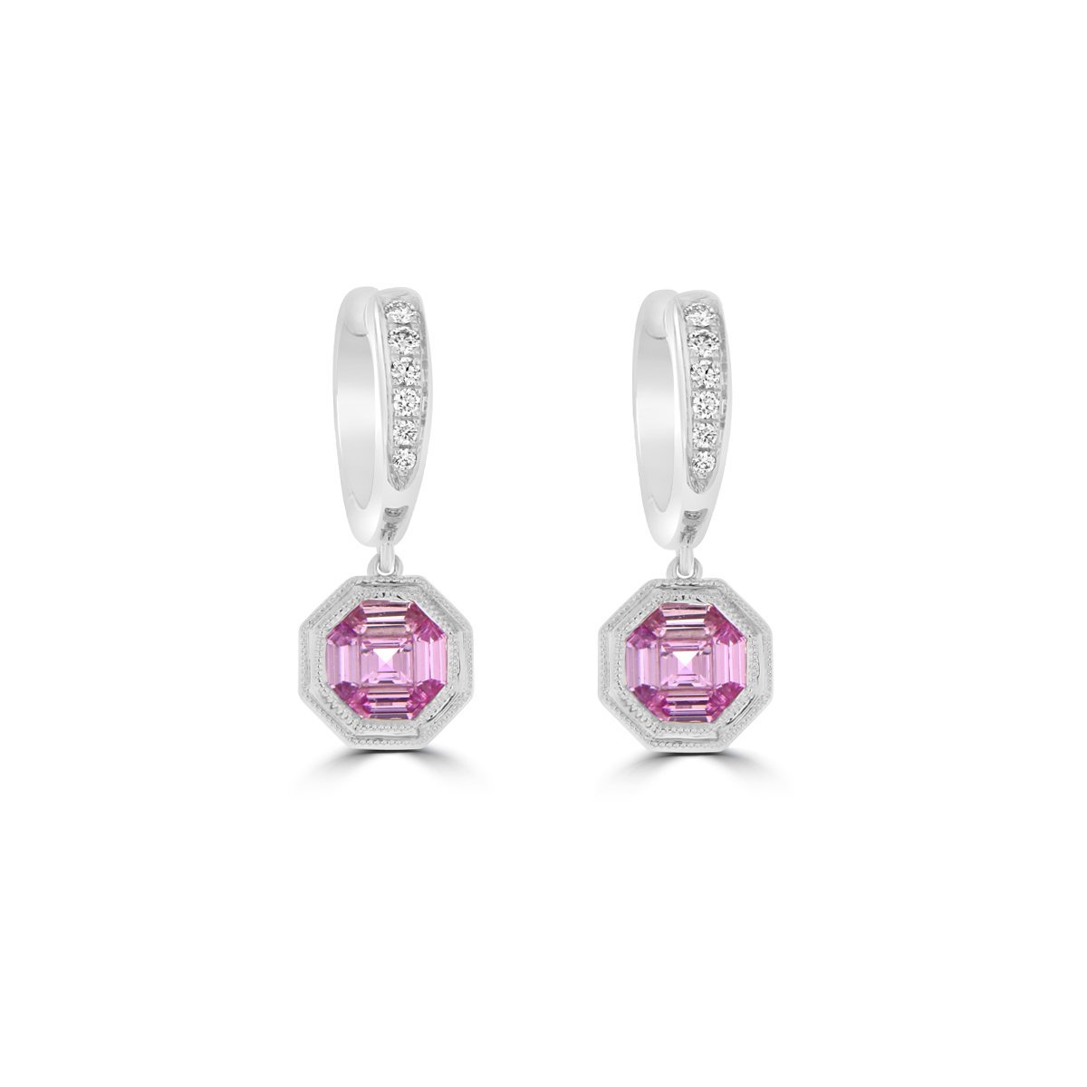 Pizza Cut Pink Sapphire Diamond Halo Drop Earrings