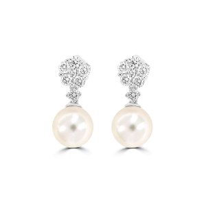 Akoya Pearl Diamond Floral Drop Earrings