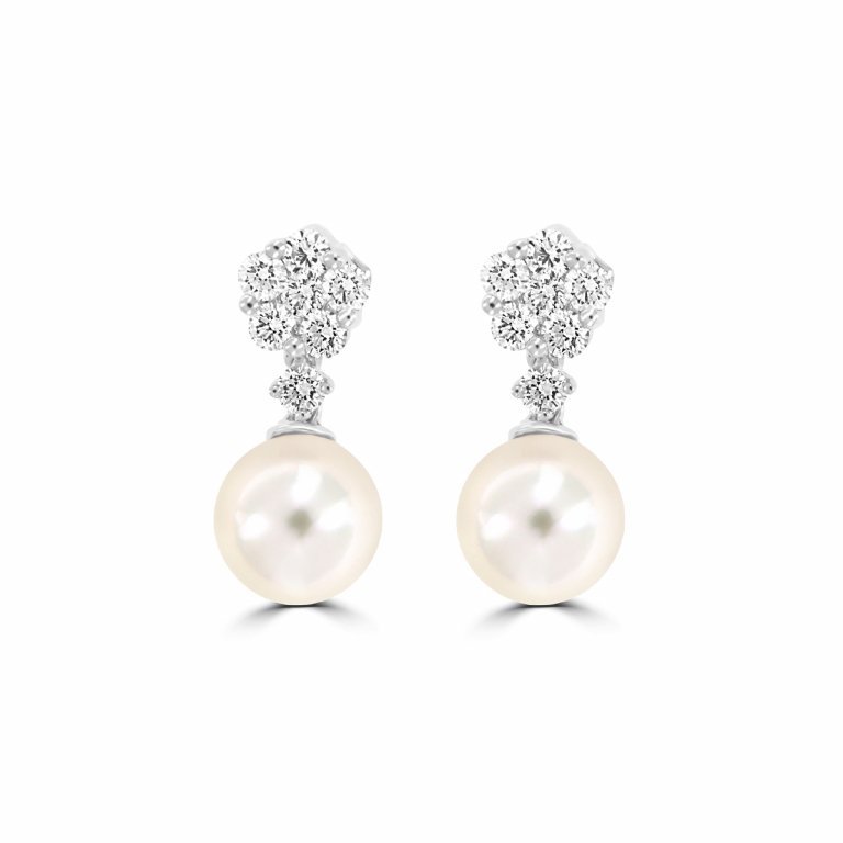 Akoya Pearl Diamond Floral Drop Earrings in 18K White Gold