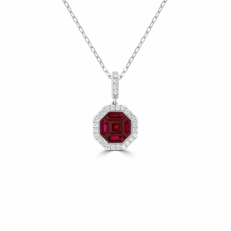 Pizza Cut Ruby Diamond Halo Drop Pendant with Chain