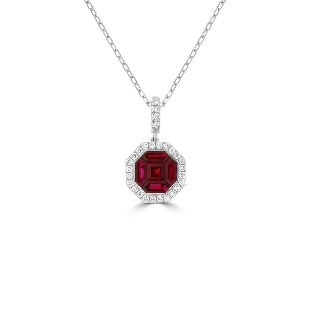 Pizza Cut Ruby Diamond Halo Drop Pendant with Chain