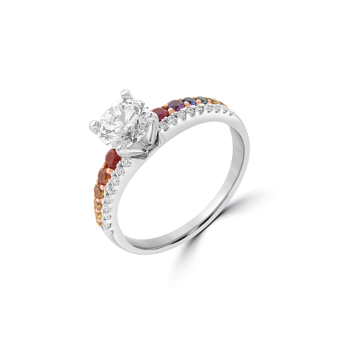 Rainbow Sapphire Diamond Double Row Engagement Ring