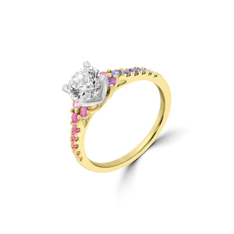 Rainbow Sapphire Side Cluster Engagement Ring in 18K White Gold, 18K Yellow Gold