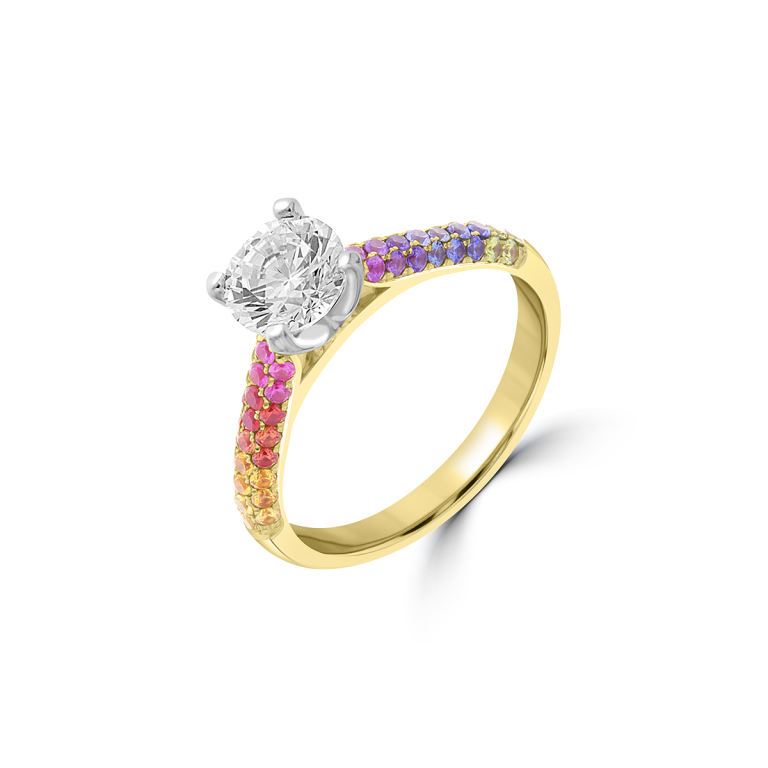 Rainbow Sapphire Three Row Pavé Engagement Ring in 18K White Gold, 18K Yellow Gold
