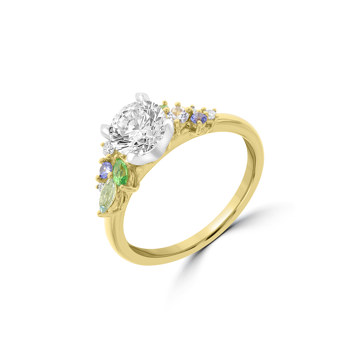 Aquamarine Green Garnet Sapphire Diamond Side Cluster Engagement Ring