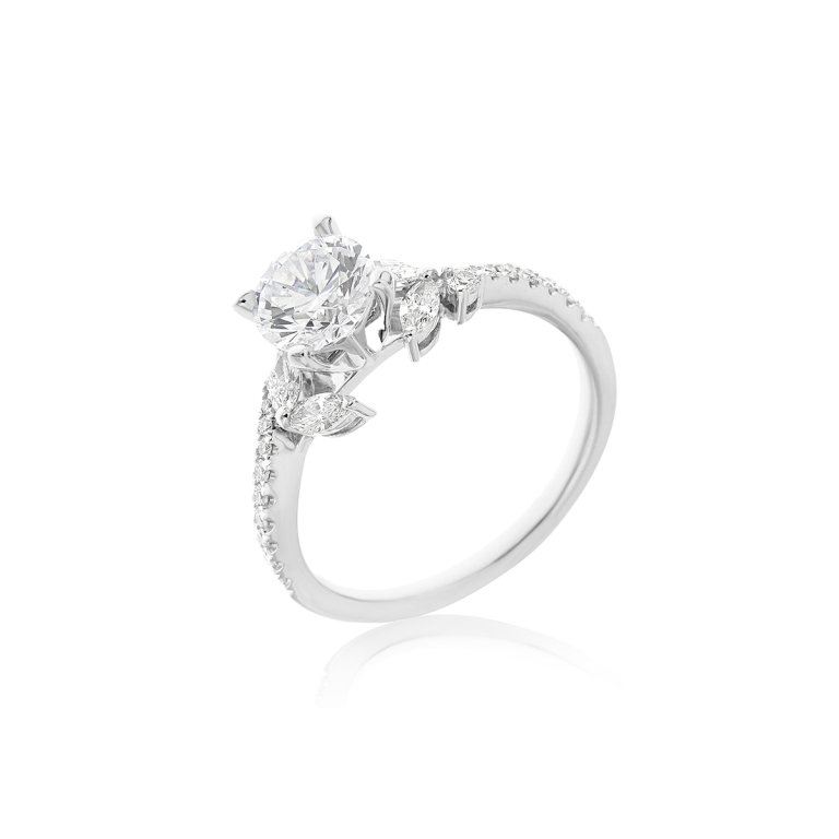Marquise Diamond Vine Motif Hidden Halo Engagement Ring in 18K White Gold