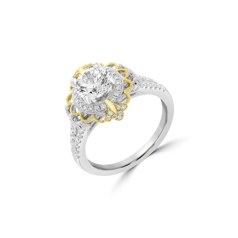 Diamond Cathedral Engagement Ring in 18K White Gold, 18K Yellow Gold