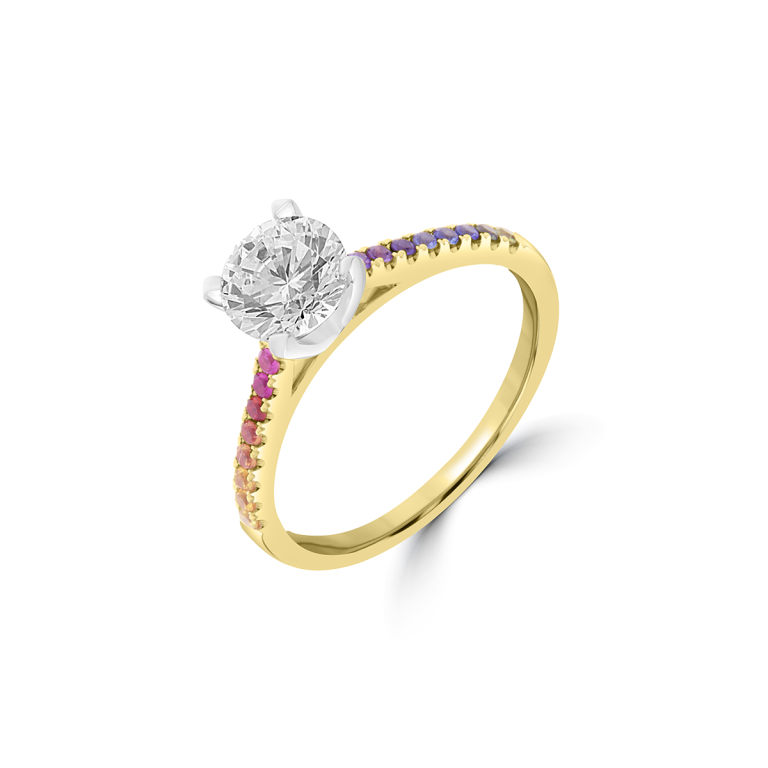 Rainbow Sapphire Pavé Band Engagement Ring in 18K White Gold, 18K Yellow Gold