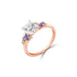 Aquamarine Sapphire Purple Sapphire Diamond Side Cluster Engagement Ring in 18K White Gold, 18K Rose Gold