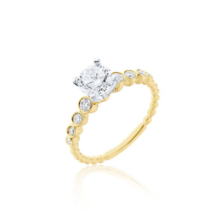 Diamond Bezel Set Beaded Engagement Ring in 18K White Gold, 18K Yellow Gold