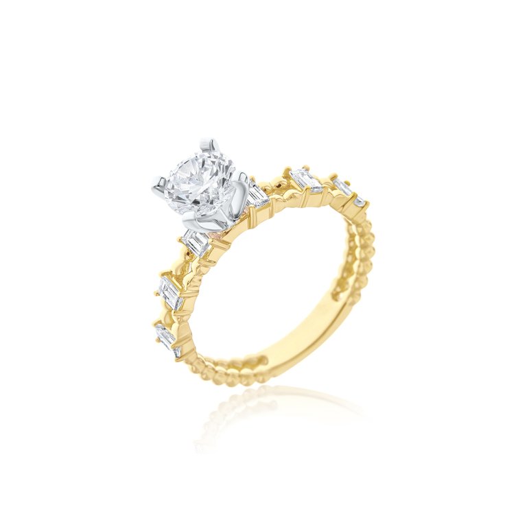 Baguette Diamond Double Row Beaded Engagement Ring in 18K White Gold, 18K Yellow Gold