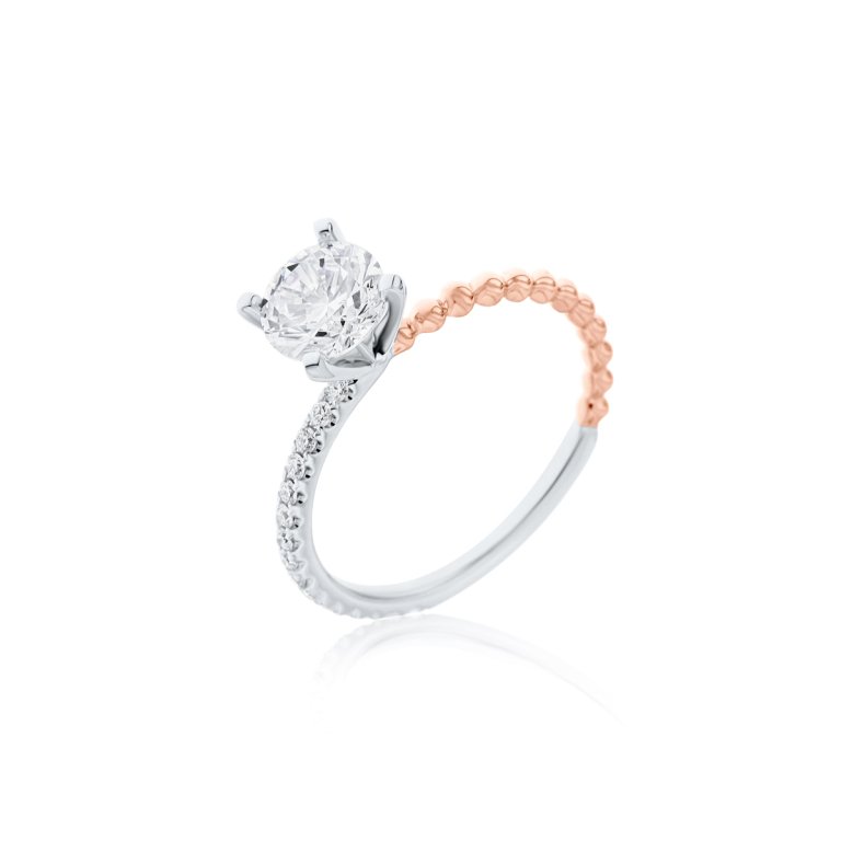 Diamond Asymmetrical Gold Beaded Engagement Ring in 18K White Gold, 18K Rose Gold