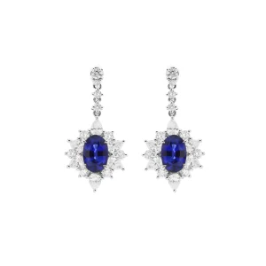 Oval Sapphire Diamond Cluster Drop Earrings