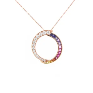 Special Cut Rainbow Sapphire Diamond Open Circle Pendant with Chain