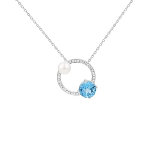 Fresh Water Pearl Blue Topaz Diamond Open Circle Pendant with Chain