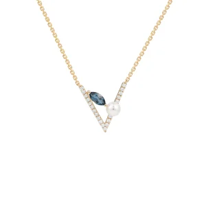 Fresh Water Pearl Blue Topaz Diamond V Pendant with Chain