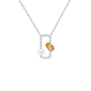 Fresh Water Pearl Citrine Diamond Open Link Pendant with Chain