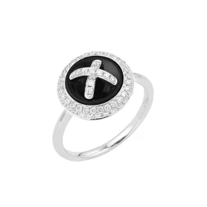 Black Agate Diamond Button Ring