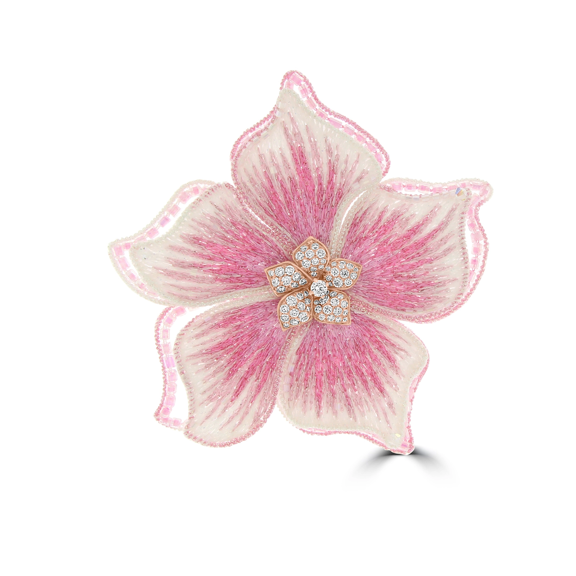 Diamond Embroidered Periwinkle Flower Brooch (L) in 18K White Gold, 18K Rose Gold