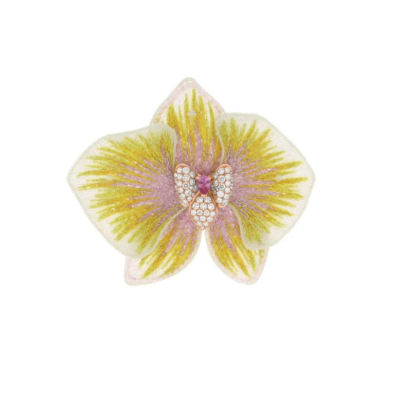 Pink Sapphire Diamond Embroidered Orchid Flower Brooch (L) in 18K White Gold, 18K Rose Gold