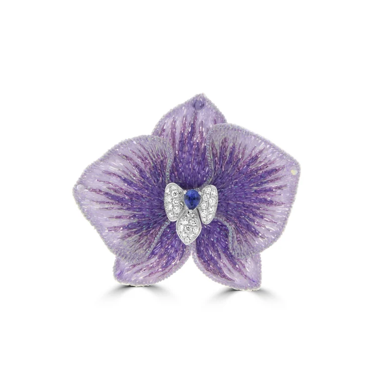 Sapphire Diamond Embroidered Orchid Flower Brooch (S) in 18K White Gold
