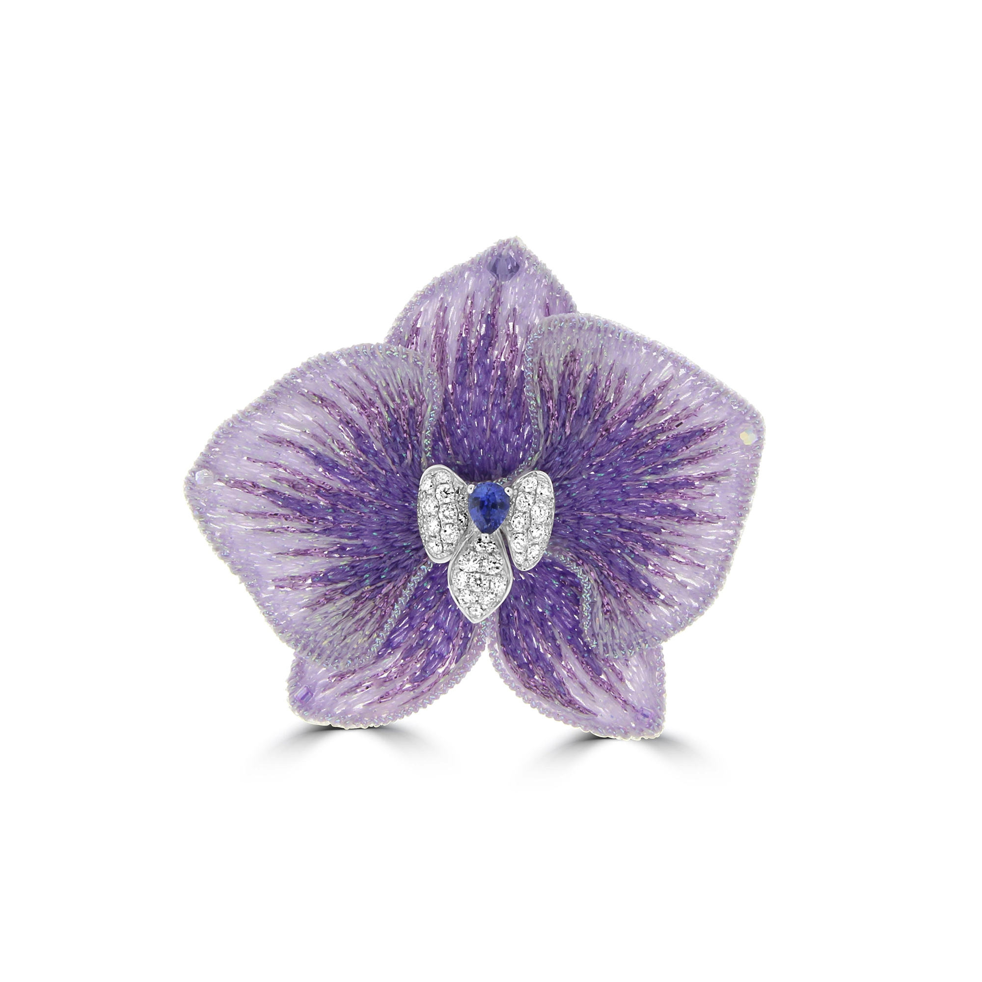Sapphire Diamond Embroidered Orchid Flower Brooch (S)