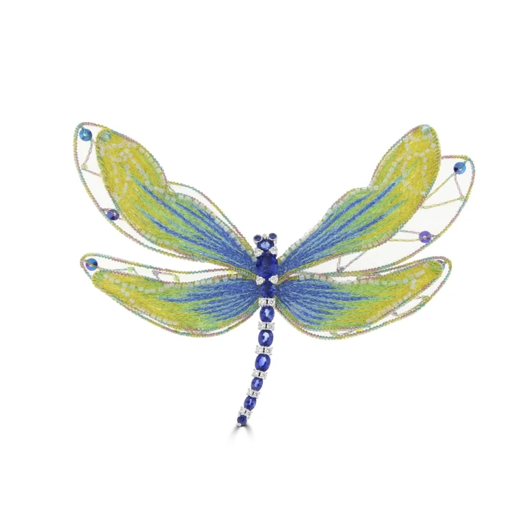 Sapphire Diamond Embroidered Dragonfly Brooch (L) in 18K White Gold