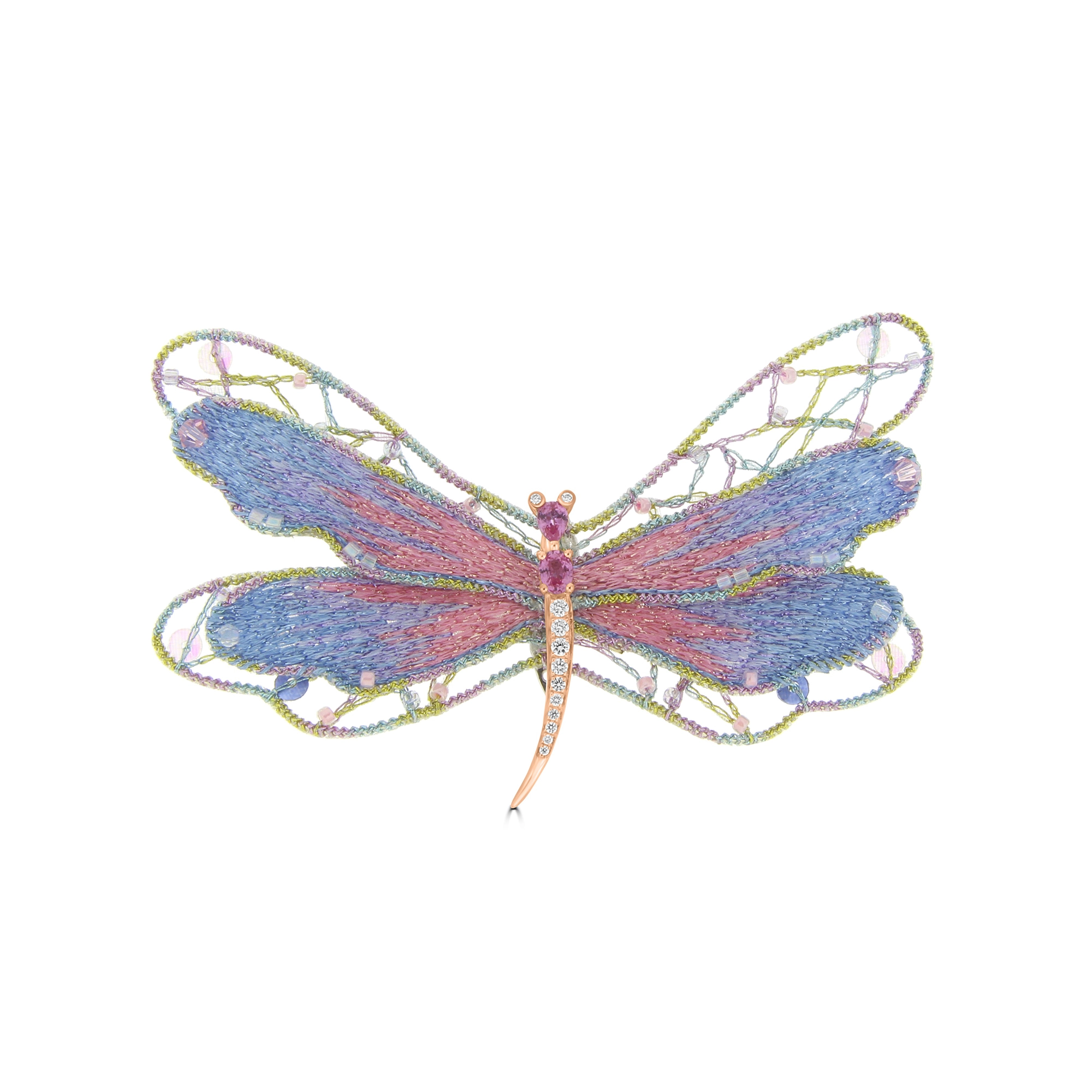 Pink Sapphire Diamond Embroidered Dragonfly Brooch (S) in 18K White Gold, 18K Rose Gold
