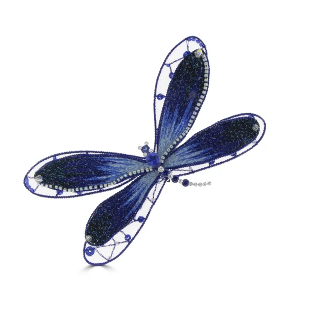 Sapphire Diamond Embroidered Dragonfly Brooch (L) in 18K White Gold