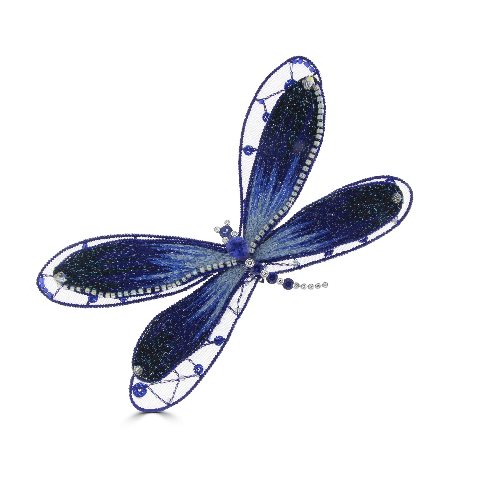 Sapphire Diamond Embroidered Dragonfly Brooch (L) in 18K White Gold