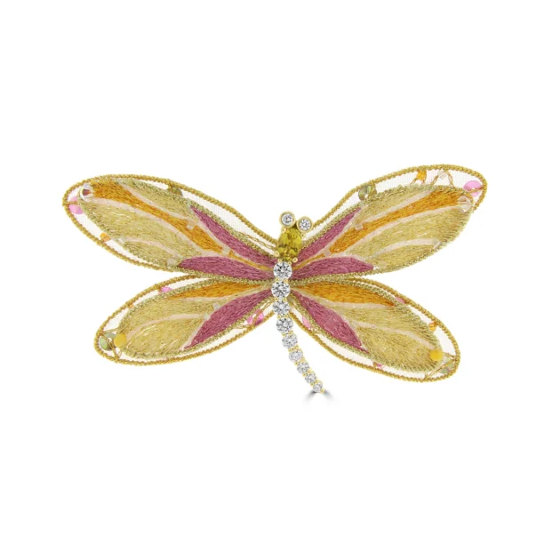 Yellow Sapphire Diamond Embroidered Dragonfly Brooch (S) in 18K White Gold, 18K Yellow Gold