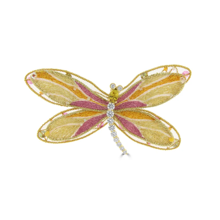 Yellow Sapphire Diamond Embroidered Dragonfly Brooch (S) in 18K White Gold, 18K Yellow Gold