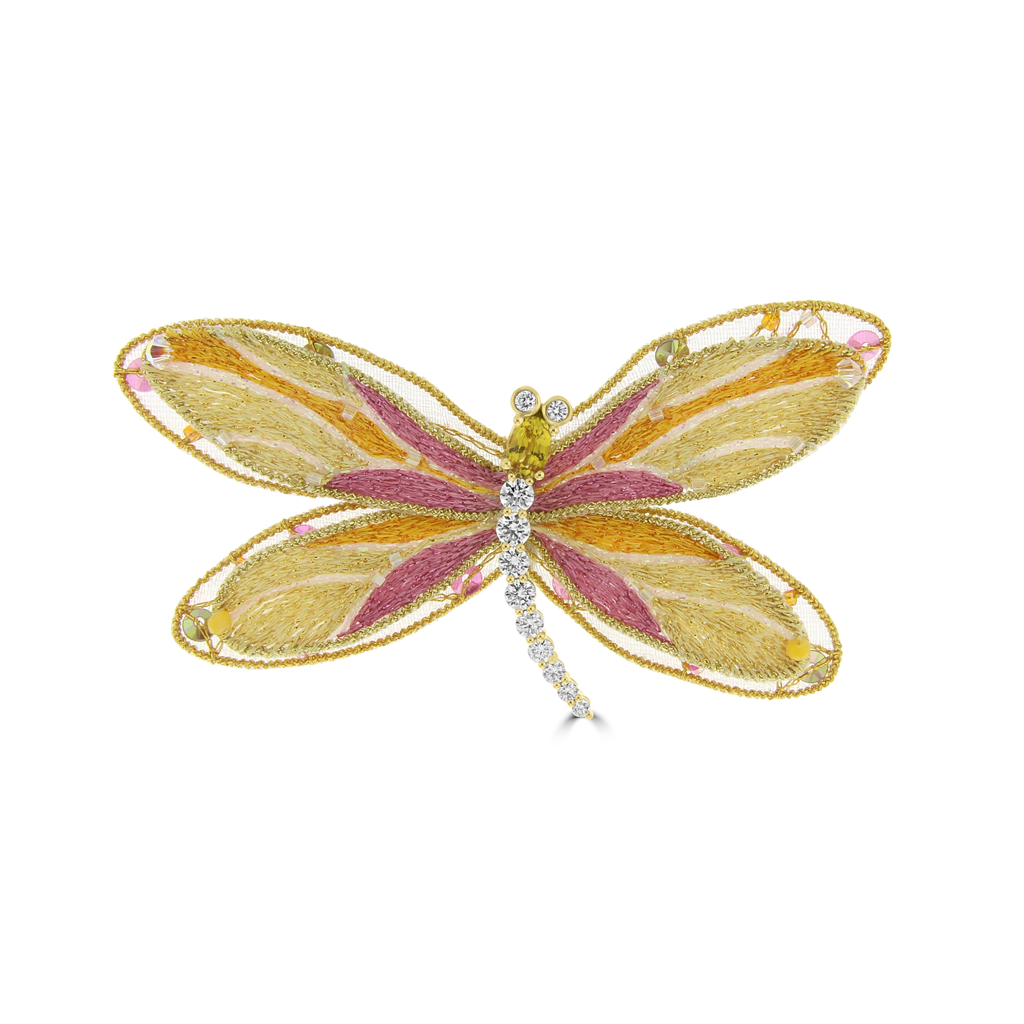 Yellow Sapphire Diamond Embroidered Dragonfly Brooch (S) in 18K White Gold, 18K Yellow Gold