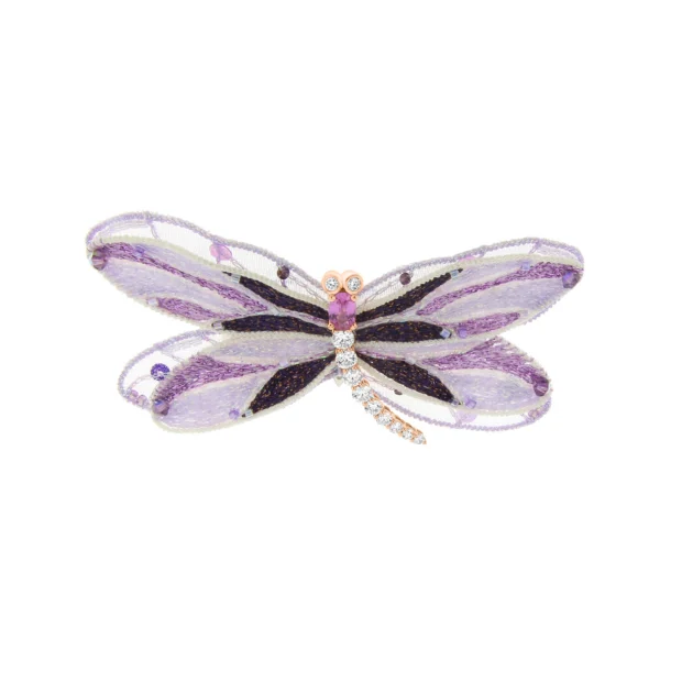 Pink Sapphire Diamond Embroidered Dragonfly Brooch (S) in 18K White Gold, 18K Rose Gold