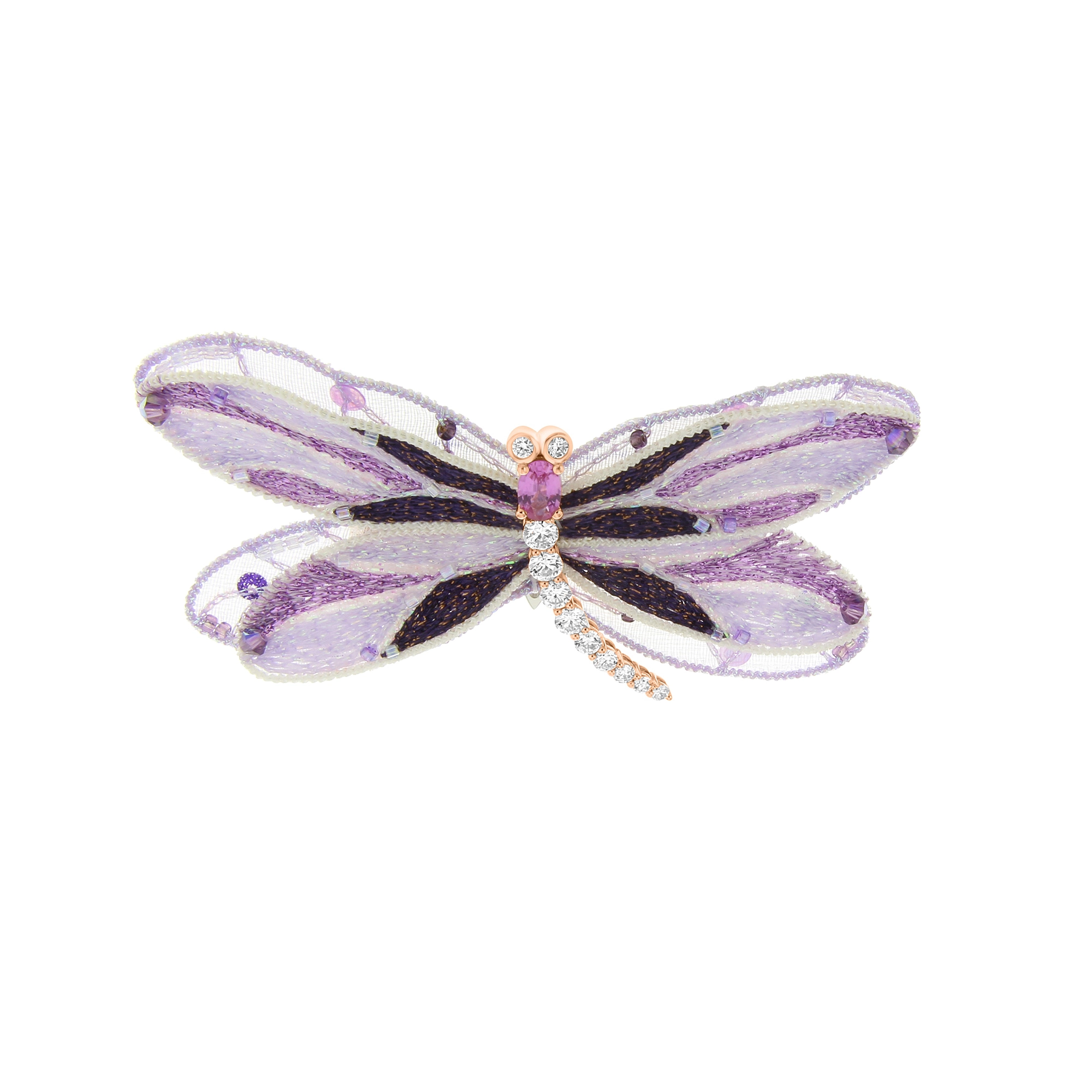 Pink Sapphire Diamond Embroidered Dragonfly Brooch (S) in 18K White Gold, 18K Rose Gold