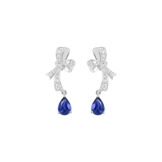 Pear Shaped Sapphire Diamond Ribbon Drop Earrings in 18K White Gold
