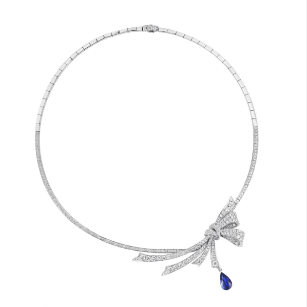 Pear Shaped Sapphire Diamond Ribbon Necklace in 18K White Gold
