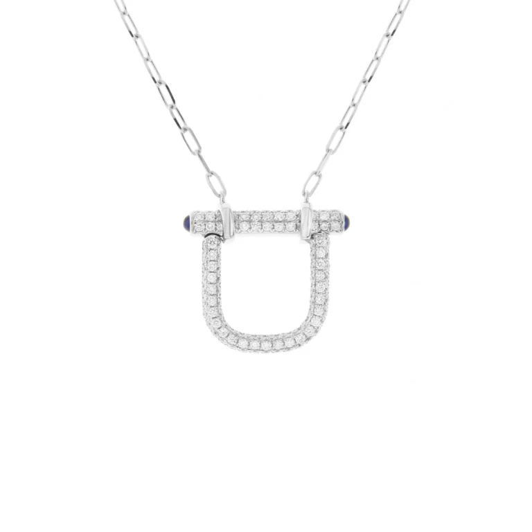 Sapphire Diamond Lock Pendant with Chain in 18K White Gold