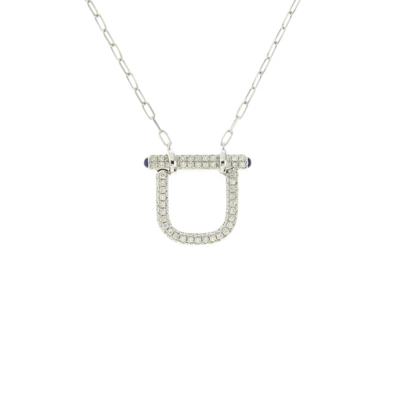 Sapphire Diamond Lock Pendant with Chain in 18K White Gold