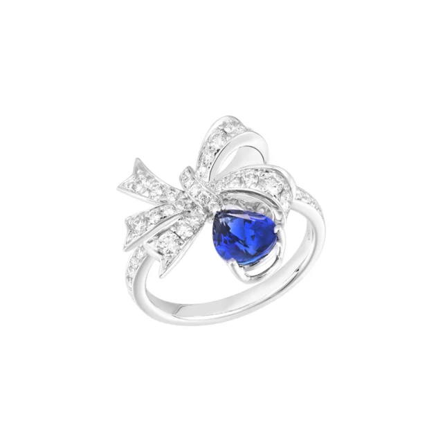 Pear Shaped Sapphire Diamond Ribbon Ring in 18K White Gold