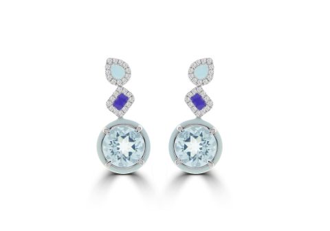 Aquamarine Diamond Enamel Geometric Drop Earrings in 14K White Gold