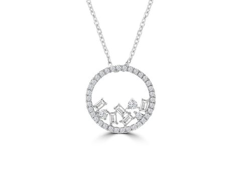 Baguette Diamond Sprinkle Open Circle Pendant with Chain in 18K White Gold