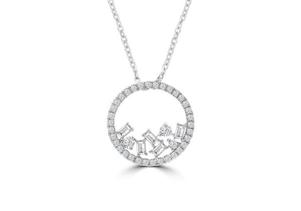 Baguette Diamond Sprinkle Open Circle Pendant with Chain in 18K White Gold